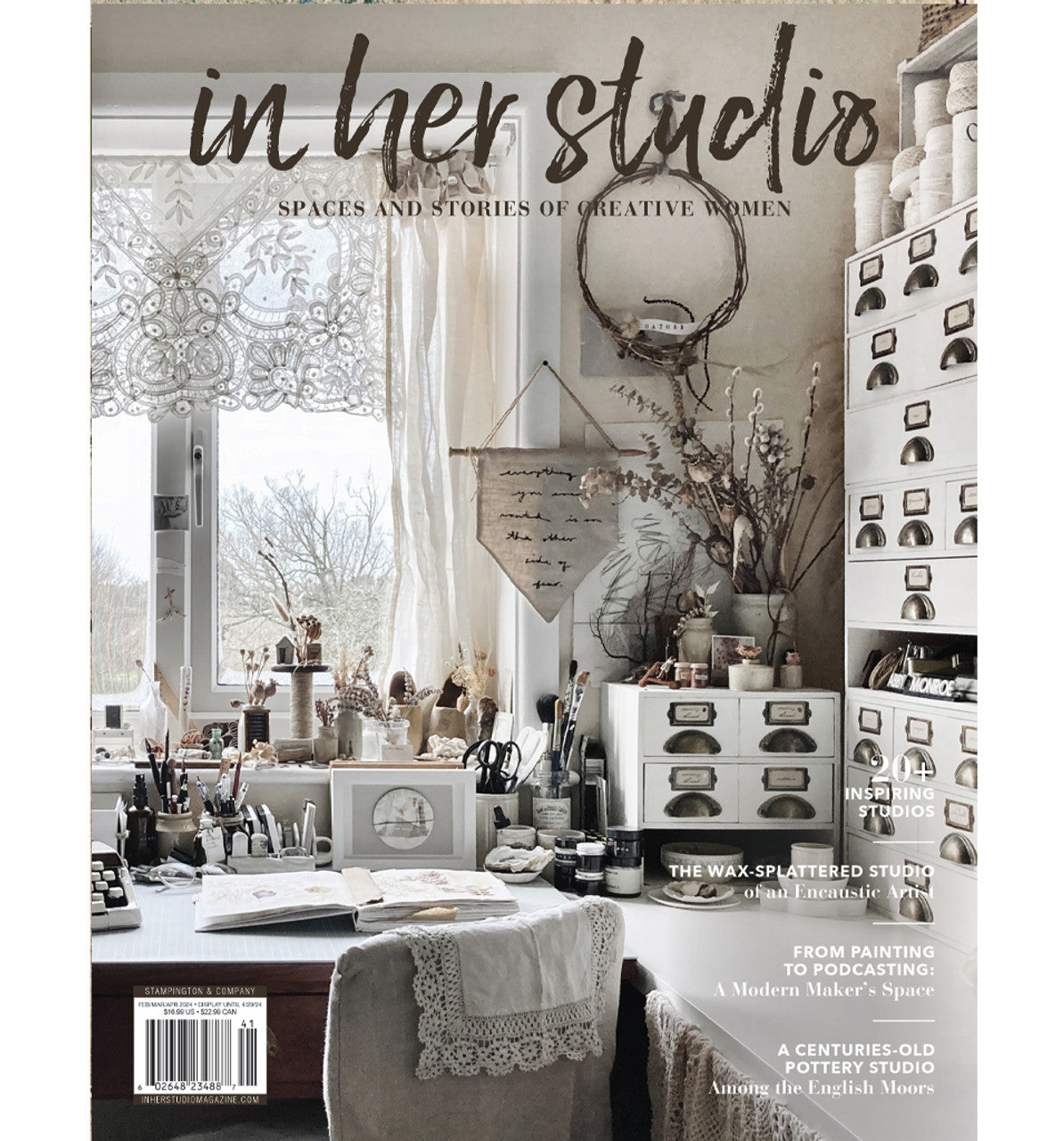 In Her Studio Spring 2024 cover, this edition includes the bookbinder and the cabin, Susan Green of BOUND