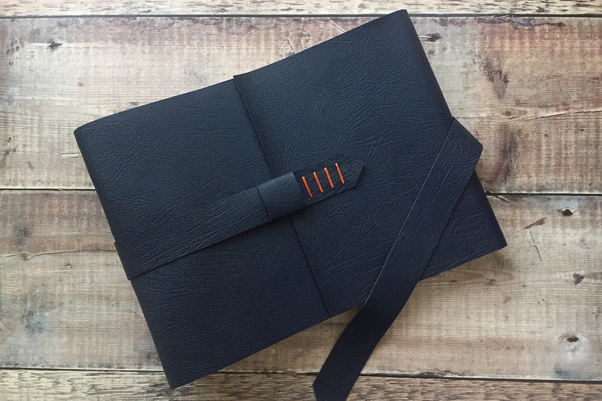 Leather bound Memory Book in Navy Blue and Orange, A4 landscape