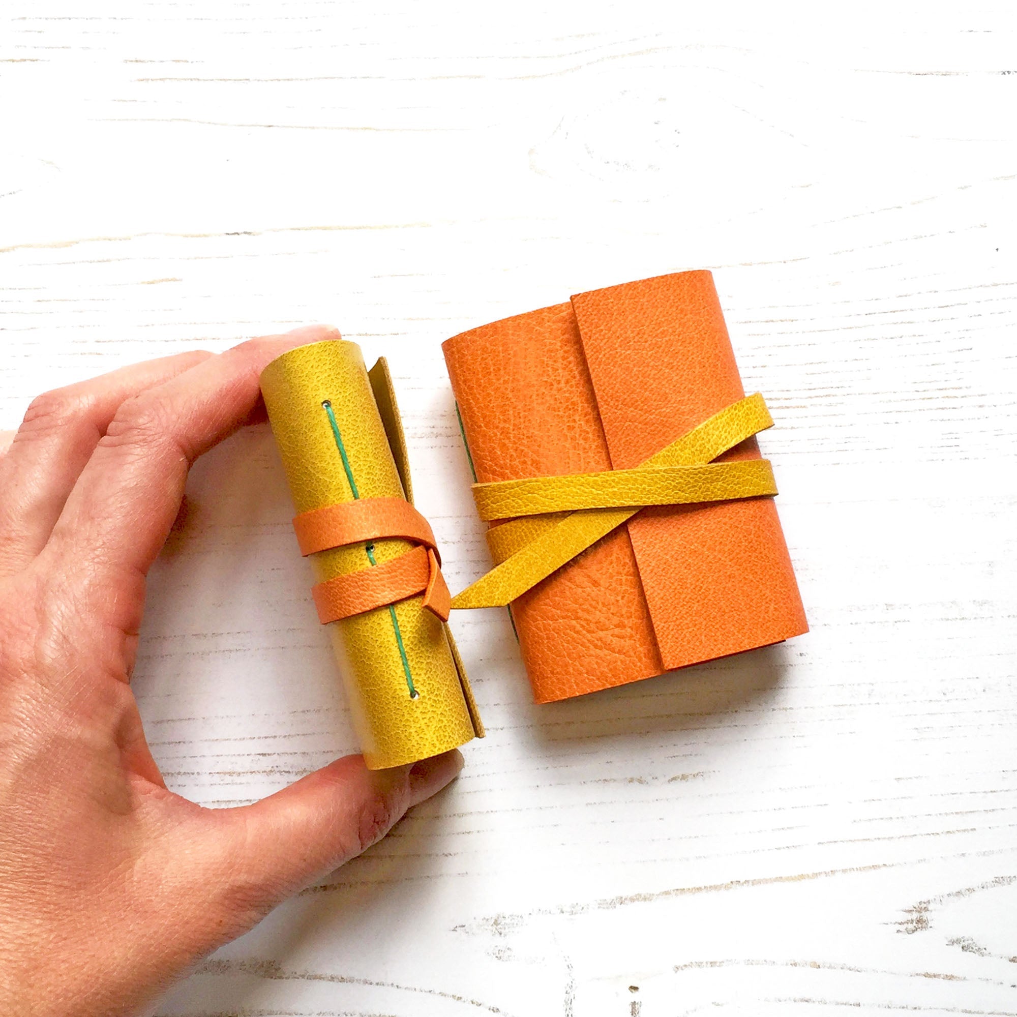 Mini Journal handmade in leather: orange and yellow miniature notebook