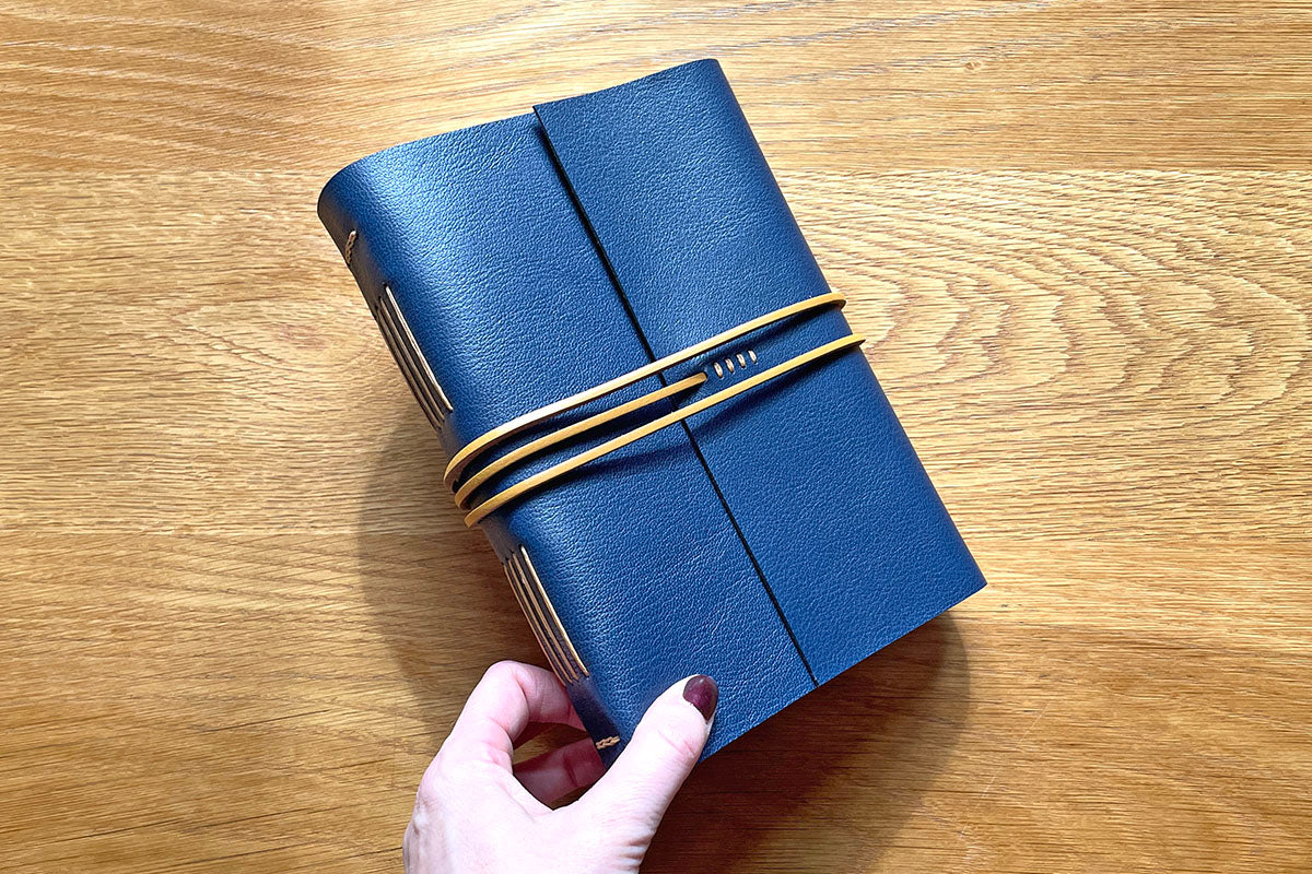 Leather thong wraps around Sketchbook to keep it closed for travel or archiving