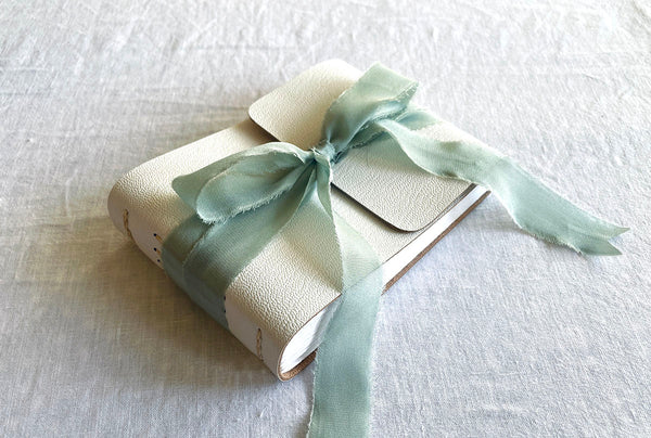 Baby Shower Guest Book: White Leather & Silk Ribbon - BOUND
