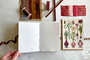 Lay flat pages of handmade cotton rag A6 sketchbook open on a mottled grey surface with art materials.