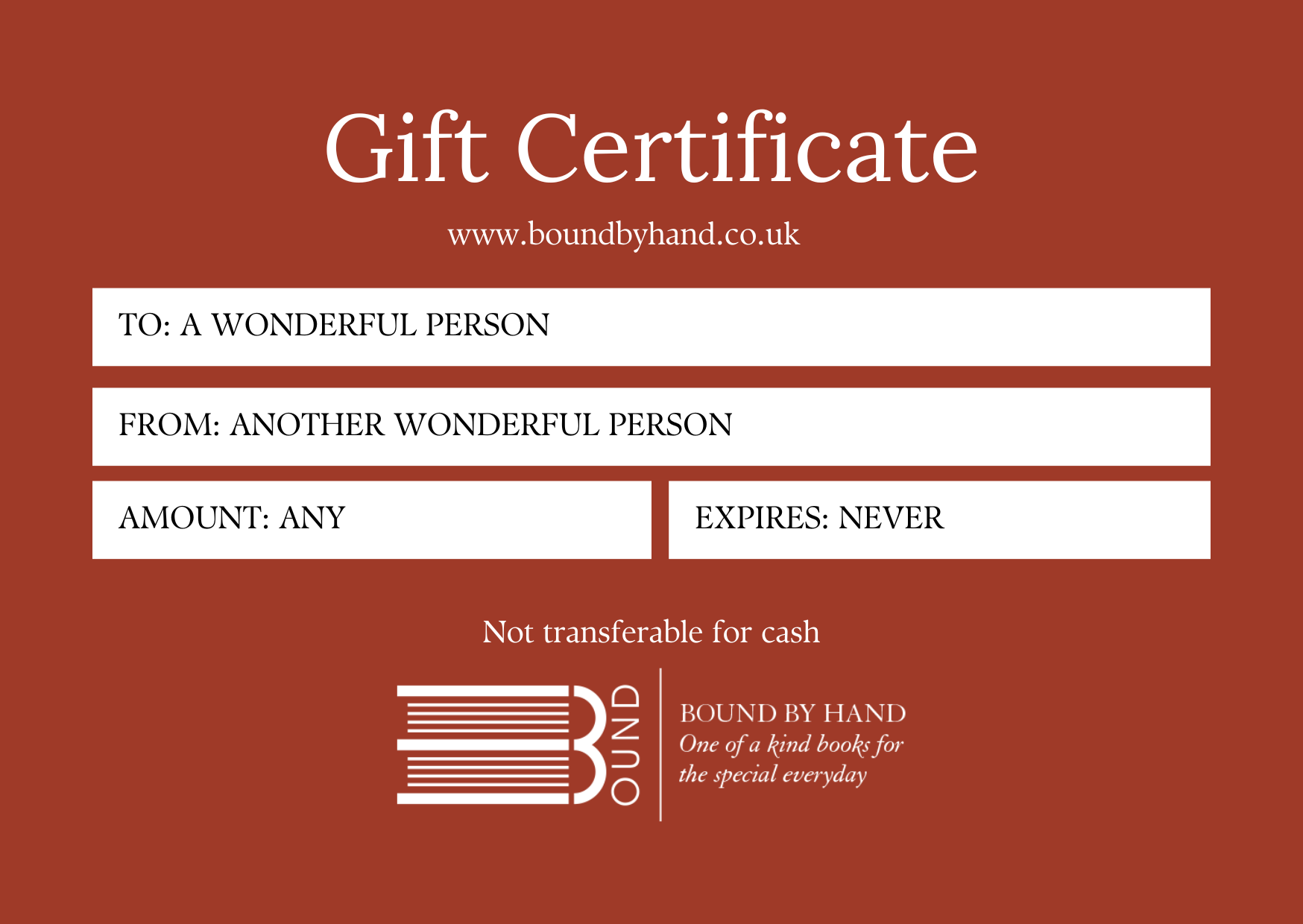 Gift certificate card for Bound by Hand leather journals, sketchbooks, wedding guest and memory books