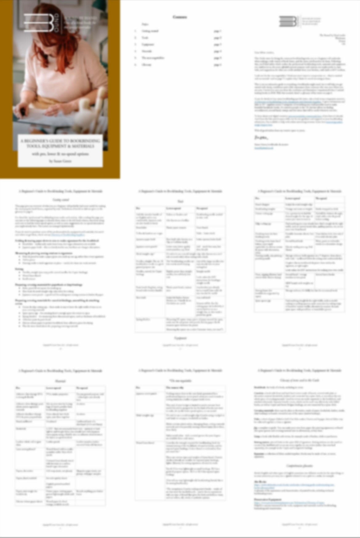 Black text on white background reads: a beginner's guide to bookbinding tools, equipment and materials. Behind is photography of read headed female bookbinder leaning over her workbench. The BOUND logo appears at the top in white. 