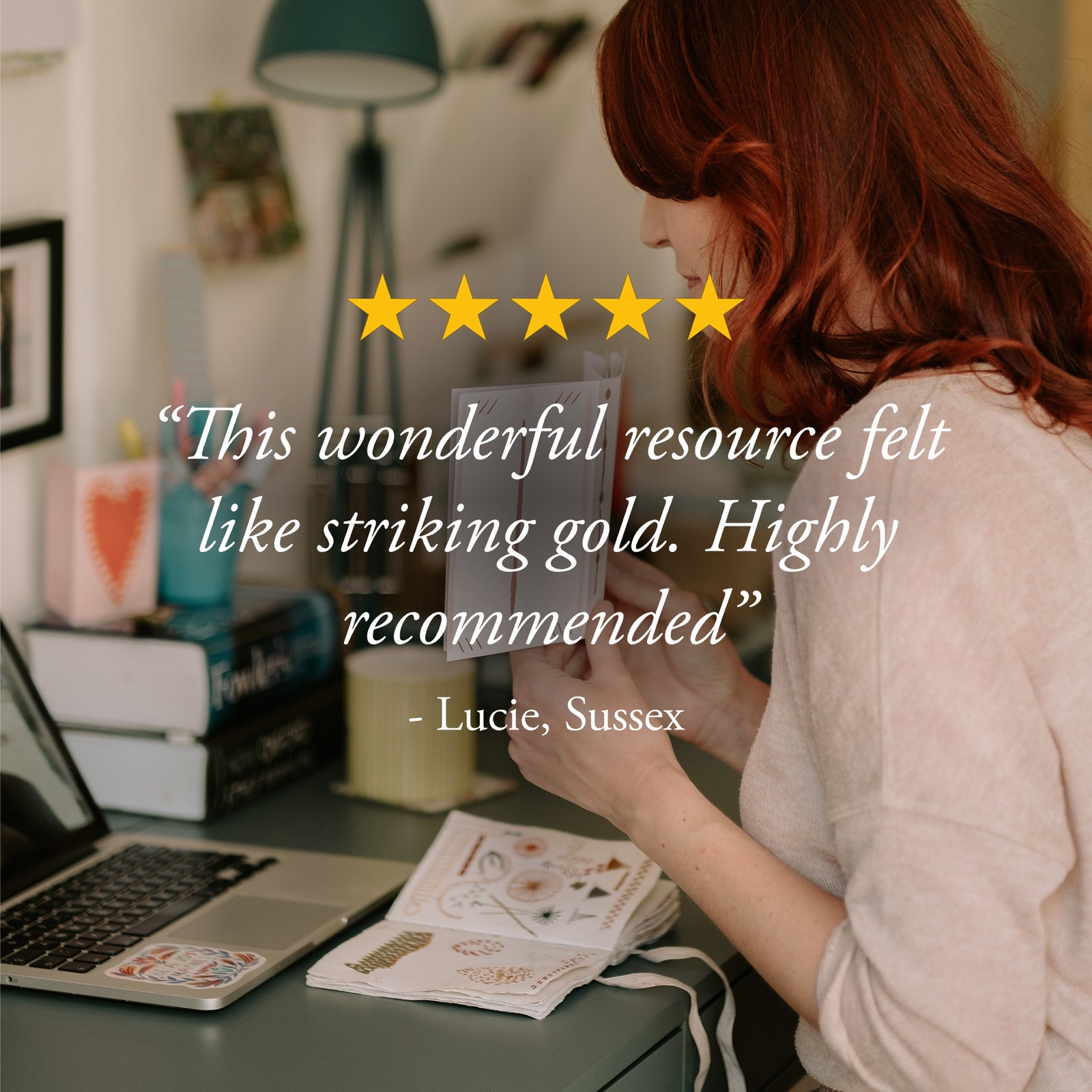 5 star customer review of bookbinding supplies directory overlays image of bookbinder holding handmade books