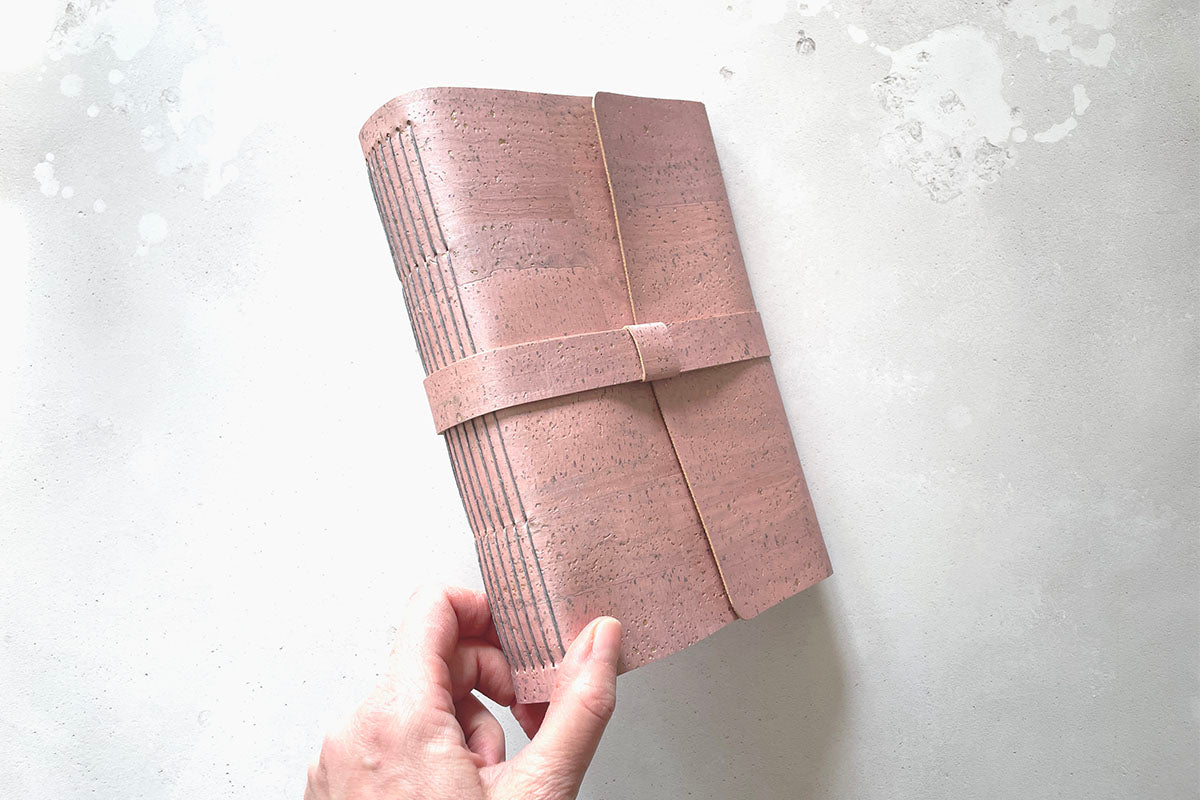 Softcover A5 Cork Vegan Sketchbook: Rose Gold Pink and Grey with multipurpose recycled cartridge paper lay flat pages