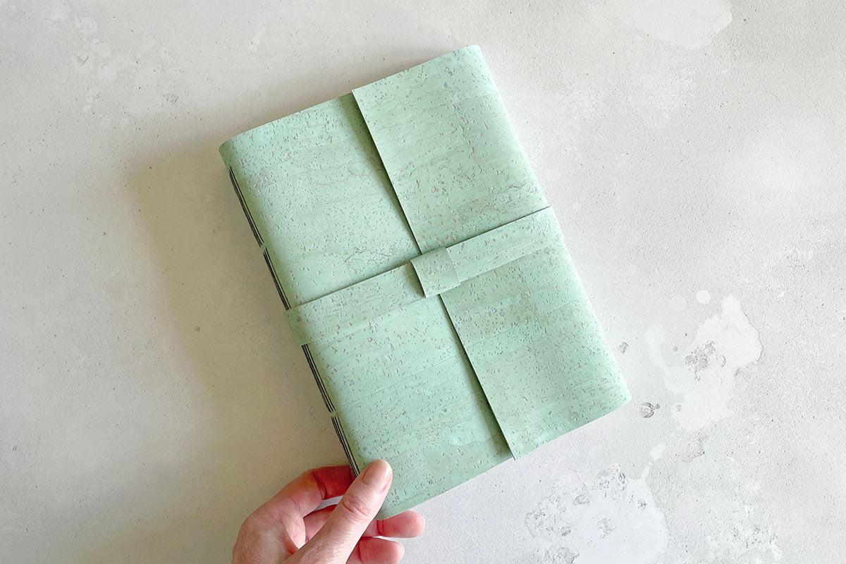 A5 Cork Vegan Sketchbook: Mint Green & Grey with recycled cartridge paper