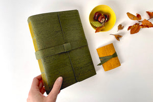A5 Vegan Cork Sketchbook bound in Green and Yellow with Mini Journal; autumnal stationery gifts