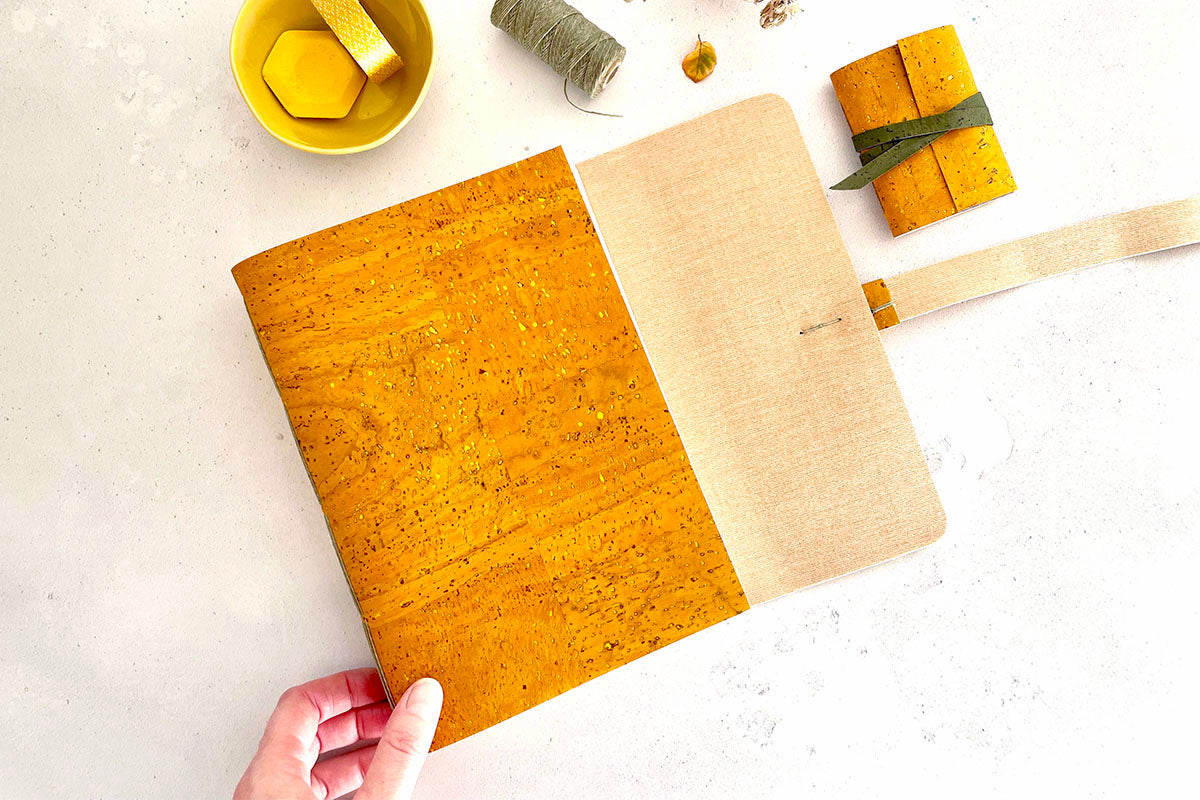A5 Cork Vegan Sketchbook: Mustard Yellow & Olive with recycled cartridge paper