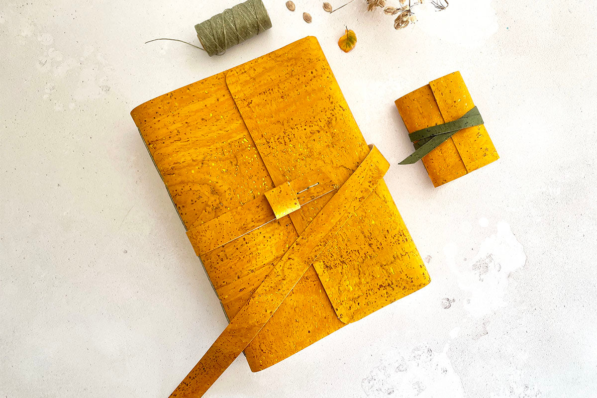 A5 Cork Vegan Sketchbook: Mustard Yellow & Nut Brown with recycled cartridge paper