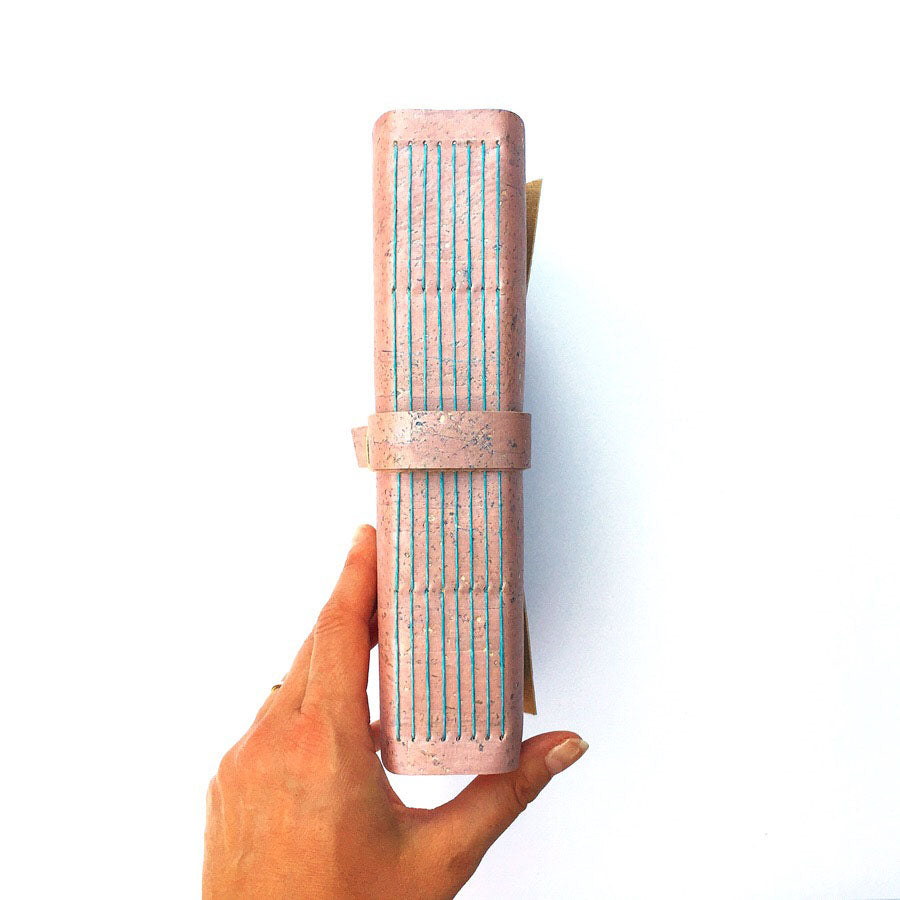 Cork Vegan Sketchbook, Longstitch style Pink and Turquoise with cartridge pages