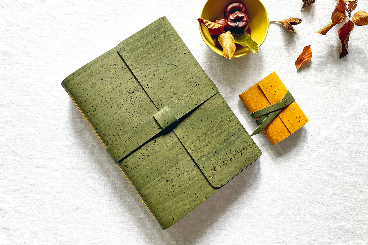 Green Vegan Cork Book with Yellow stitching (shown with Mini Journal)