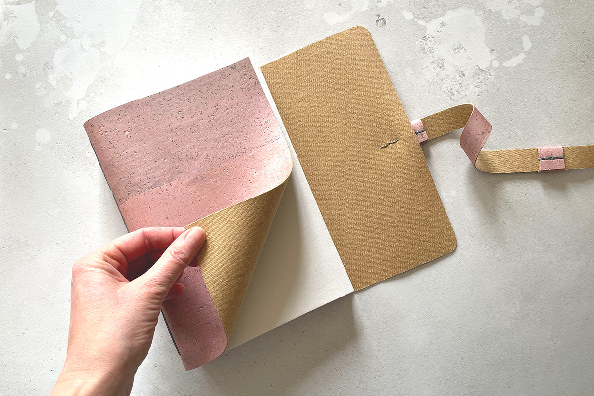 Softcover A5 Cork Vegan Sketchbook: Rose Gold Pink and Grey with multipurpose recycled cartridge paper lay flat pages