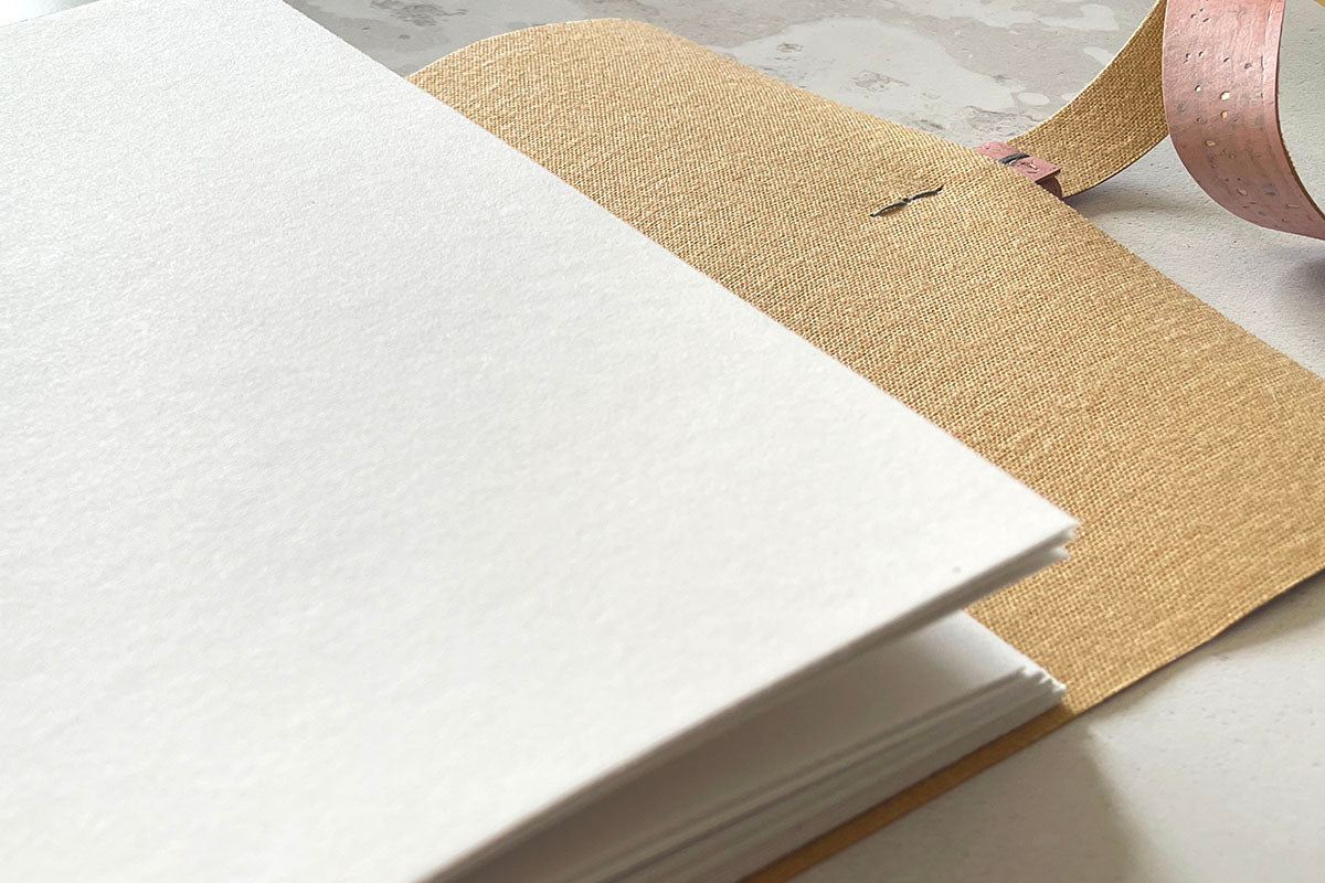 Cork Vegan Sketchbook: Rose Gold Pink and Grey Longstitch exposed spine lay flat art journal handmade in the UK