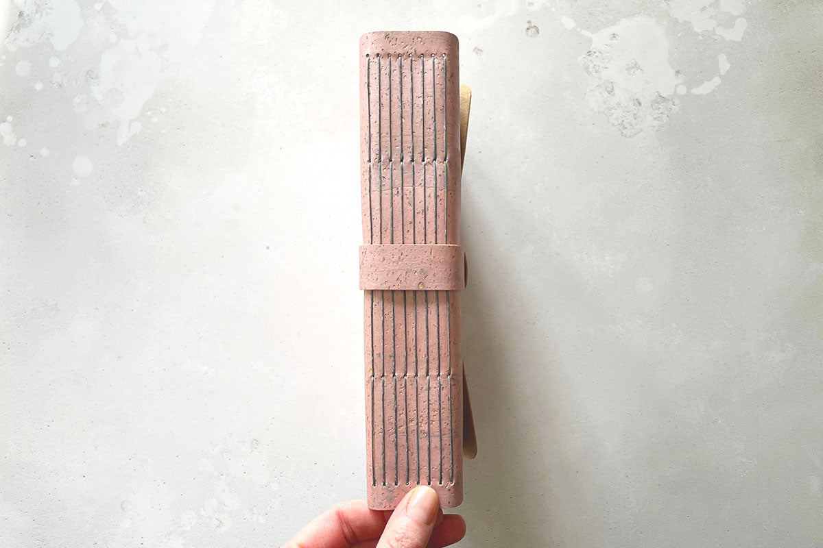 Cork Vegan Sketchbook: Pink and Grey Longstitch exposed spine lay flat art journal handmade in the UK