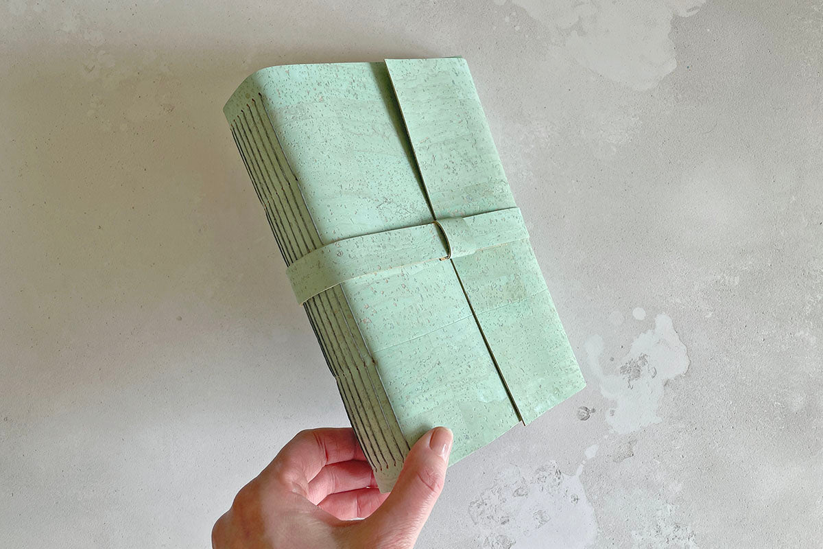 Longstitch Sketchbook is stitched in Grey linen thread to complement Mint Green Cork covers. Both materials are sustainable.