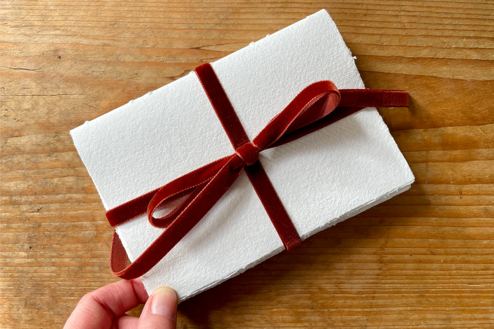 Handmade Cotton Rag Art Journal / Sketchbook bound by hand with Russet velvet ribbon, A6 small 