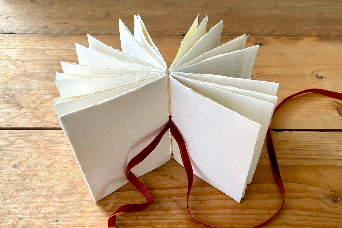 Handmade Cotton Rag Art Journal / Sketchbook bound by hand with Russet velvet ribbon, A6 small 