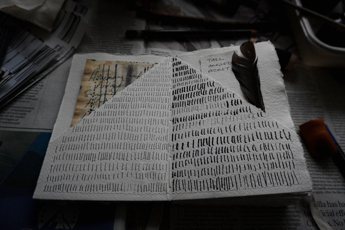 Handmade cotton rag sketchbook with exposed spine bound by artisan bookbinder Susan Green, who ties its linen ribbon. 