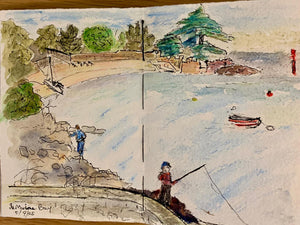 Handmade cotton rag sketchbook spread with watercolor painting of an ocean bay with people fishing and a boat.
