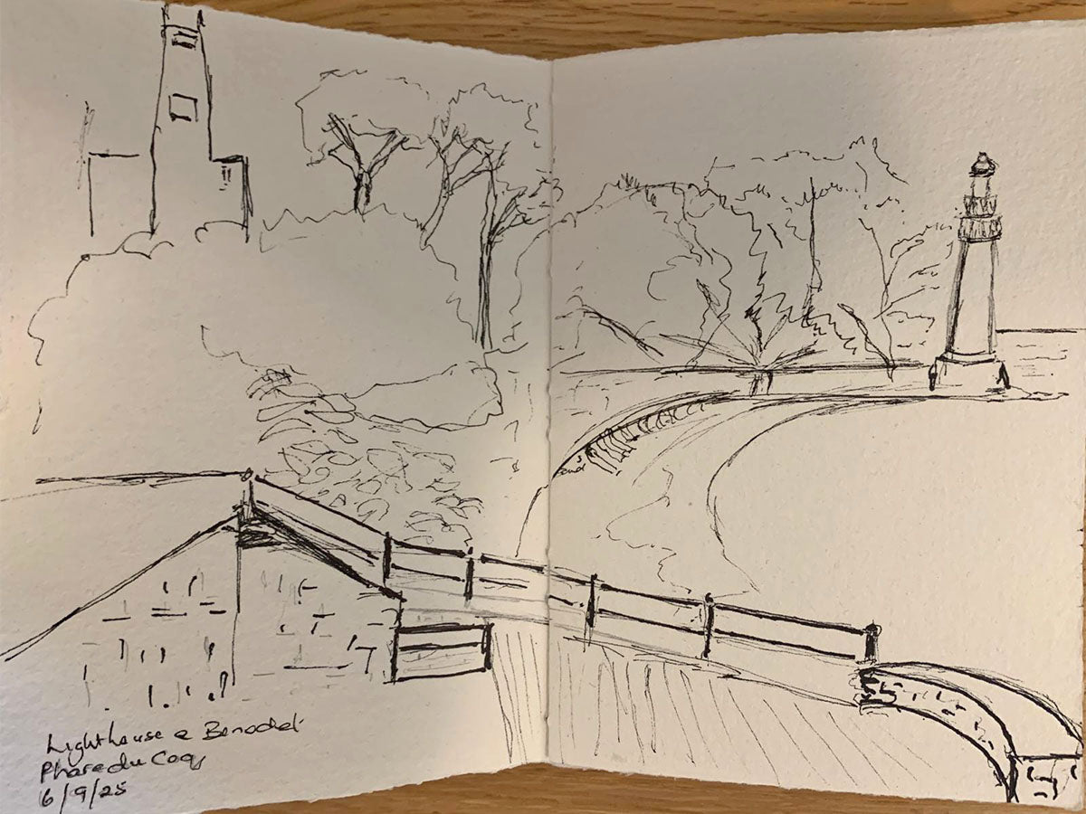 Handmade lay flat cotton rag sketchbook spread of ink landscape drawing