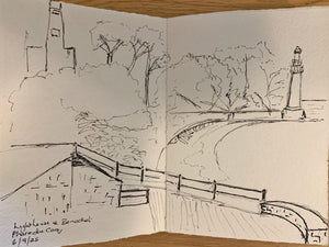 Handmade lay flat cotton rag sketchbook spread of ink landscape drawing