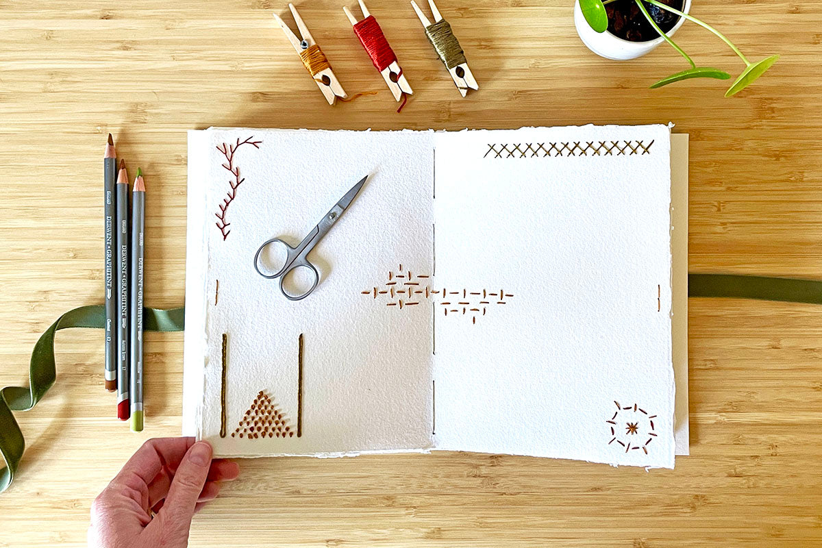 Why not try embroidery stitching on paper in your Wabi Sabi Sketchbook? Alternatively, I can create an 'enhanced' page similar to this for you. 