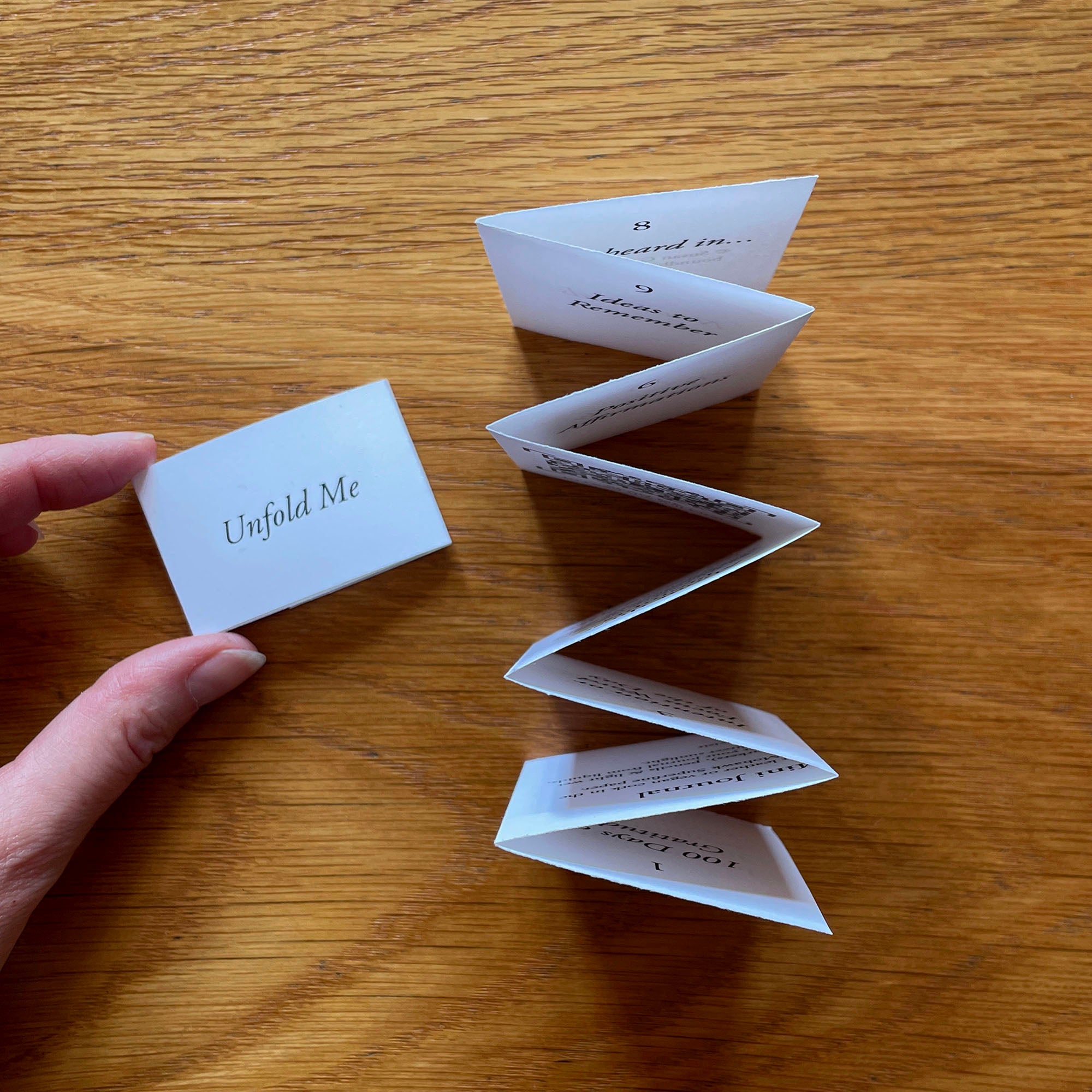 Miniature Leporello Artist's Book with 6 zig zag concertina folds can be displayed standing on a bookshelf or desk. 