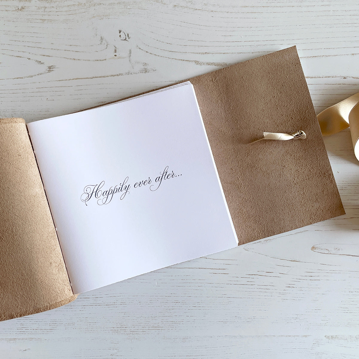 A6 Square Wedding Guest Book handmade in leather with happily ever after dedication