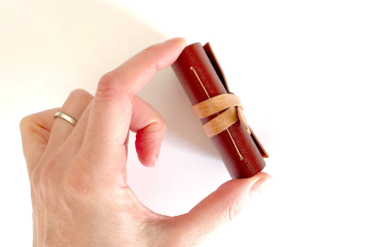 Miniature Leather Journal bound in Tan Brown, a quality handmade stationery gift.