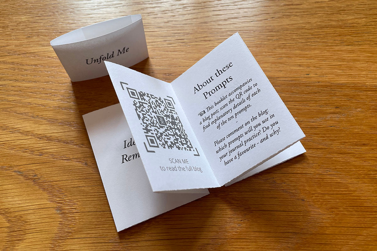 Miniature Artist's Book of journaling prompts, a folded concertina paperback style to accompany Mini Journals