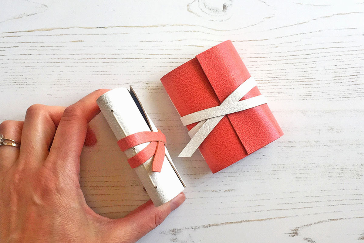 Mini Journal desk accessory gifts in pink and white, handmade in the finest leather