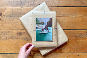 Orders arrive ready to gift in eco friendly packaging with studio postcard