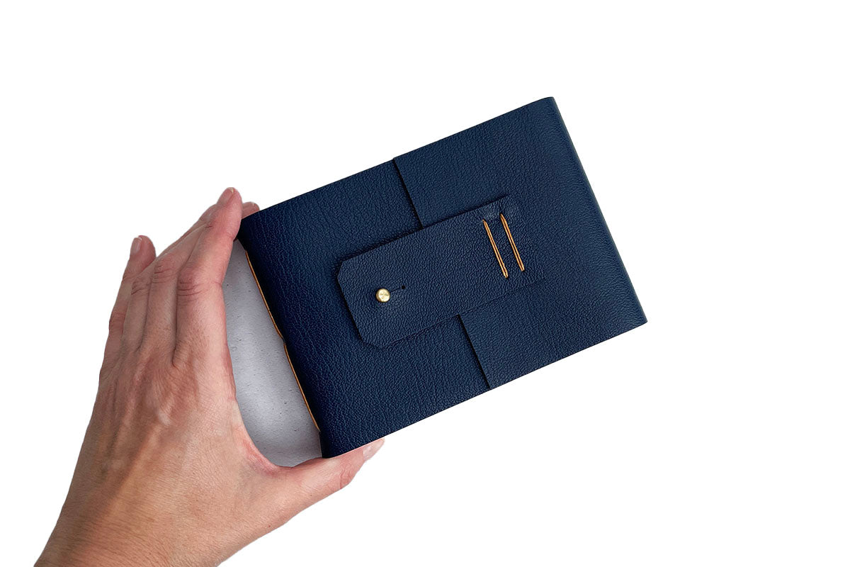 Leather Watercolour Sketchbook in Navy Blue with watercolour paper, A6 small landscape