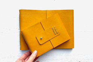 Leather bound Watercolour Sketchbooks in Mustard Yellow and Olive, Longstitch style, A6 and A5 sizes handmade in the UK