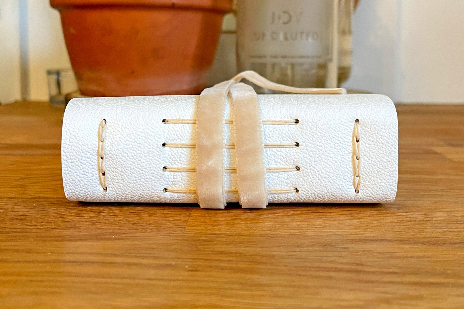 Wedding Guest Book handmade in white leather with velvet ribbon, A6 small.