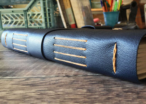 Longstitch with Linkstitch Navy Blue Leather Journal in the Bound by Hand studio, Dorset UK.