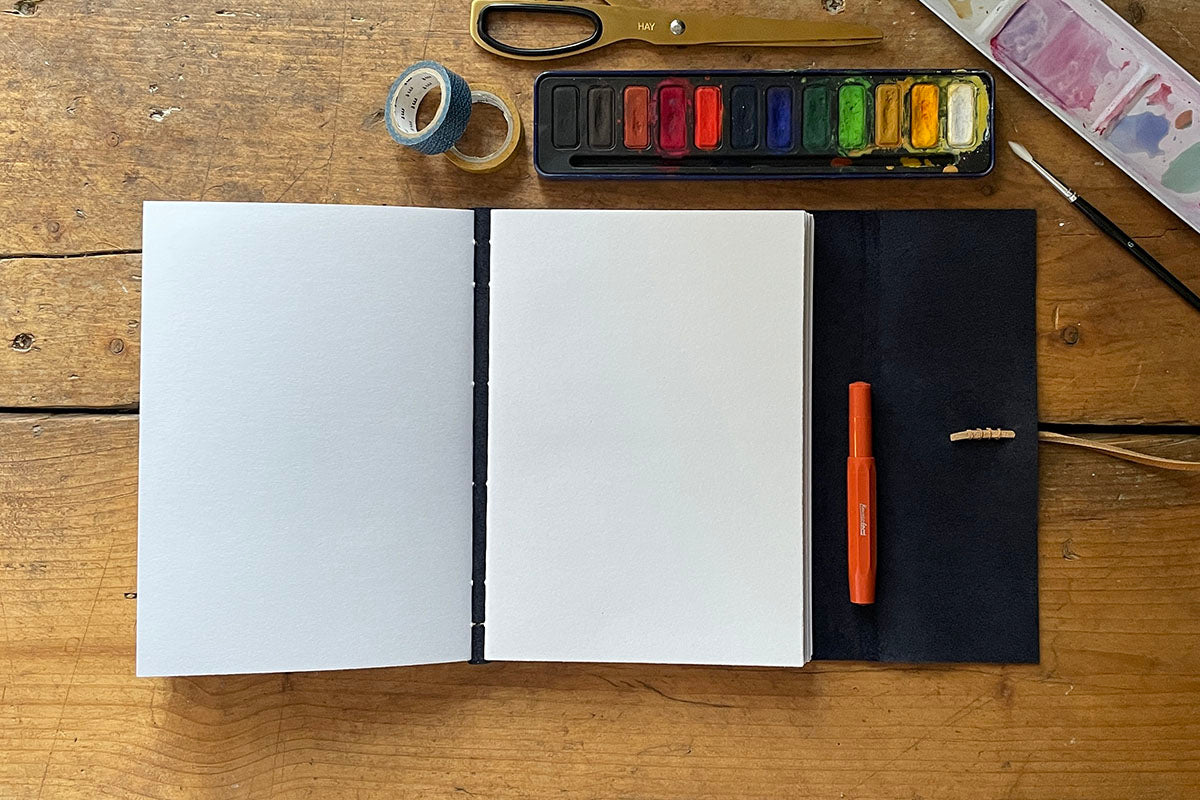 Leather Sketchbook bound in Navy Blue leather with Tan thong, A5 portrait. A practical Christmas gift for artists.