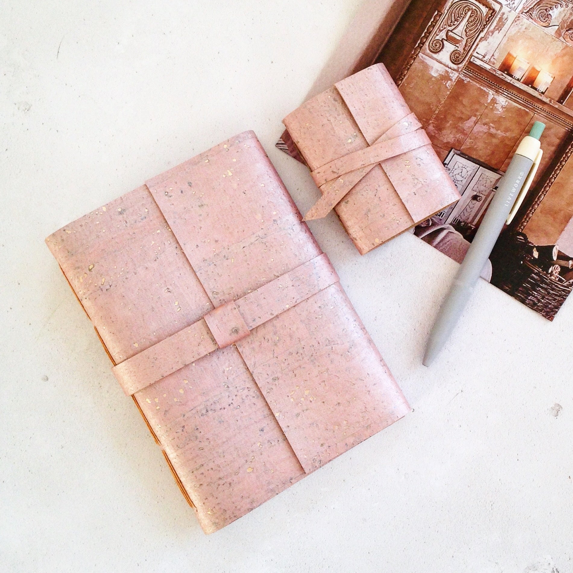 A6 and Mini Journals bound in Rose Gold Cork, with a pen and handmade envelope