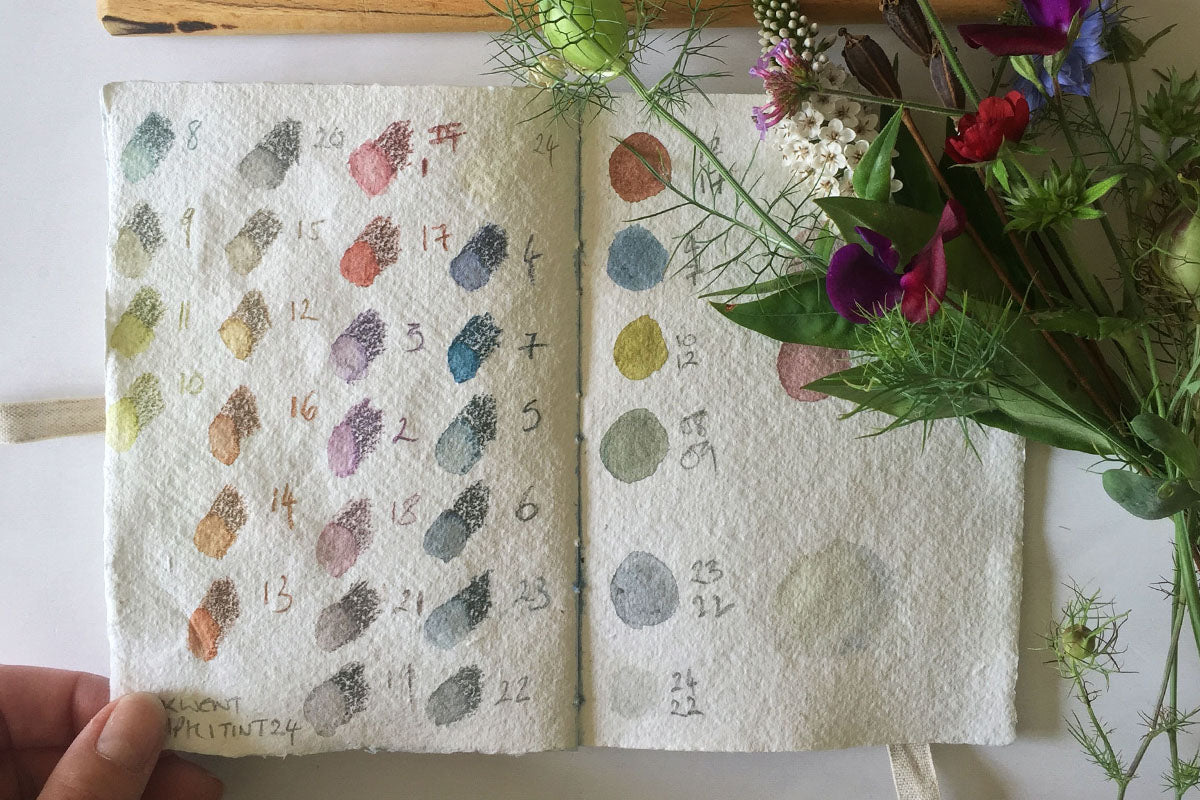 This Cotton Rag Sketchbook is suitable for all wet and dry media, like these colour swatches made with Graphitint pencil, some with water wash. 