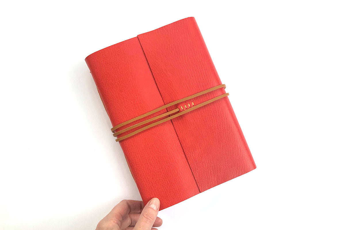 Leather Journal or Notebook in Red and Tan A5 portrait size
