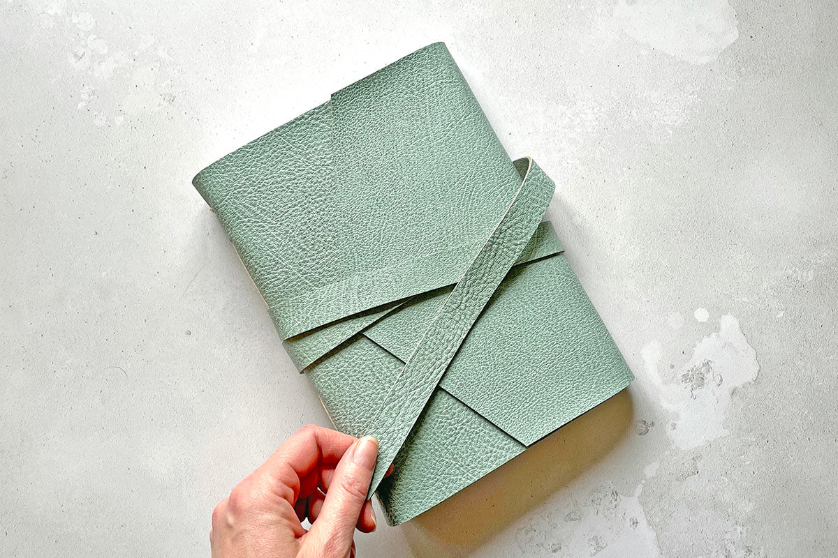 A5 Leather Sketchbook: Duck Egg & Natural with recycled cartridge paper