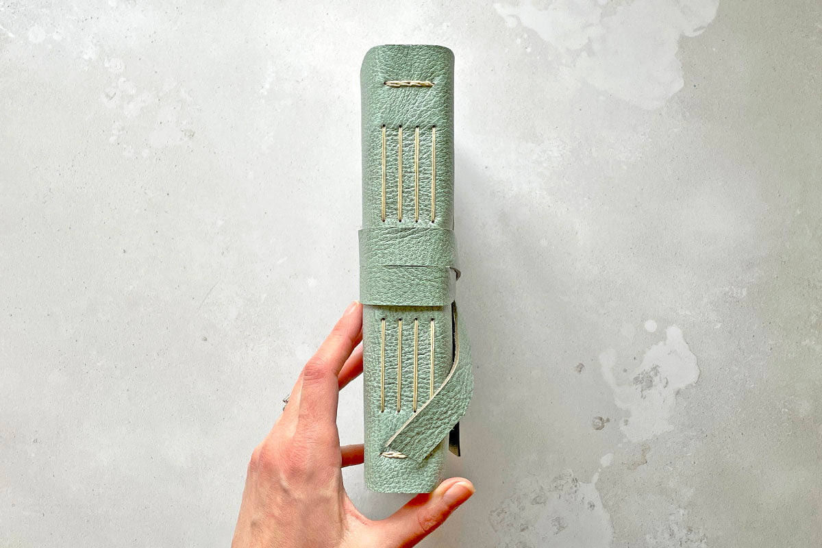 A5 Leather Sketchbook: Duck Egg & Natural with recycled cartridge paper