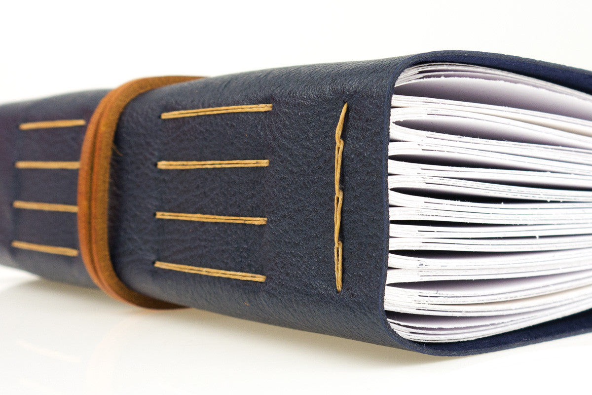 A4 Leather Memory Book / Scrapbook / Album: bound in Navy Blue in Longstitch with Linkstich binding