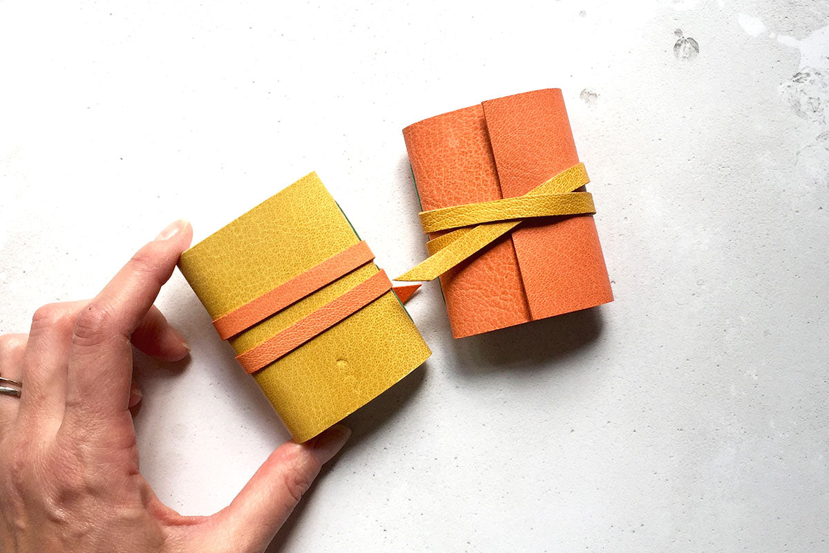 Mini Leather Notebook, Journal in Orange and Yellow, quality gifts handmade in the UK