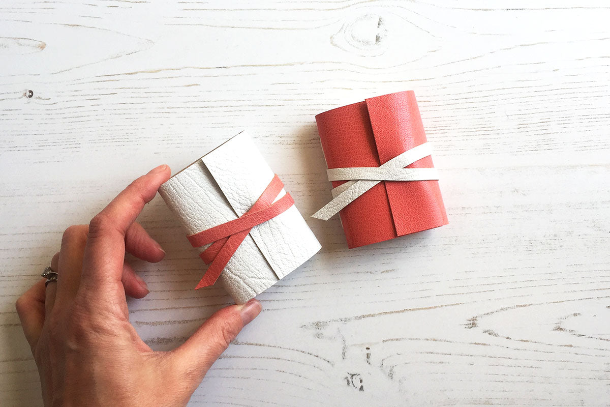 Mini Journal desk accessory gifts in pink and white, handmade in the finest leather