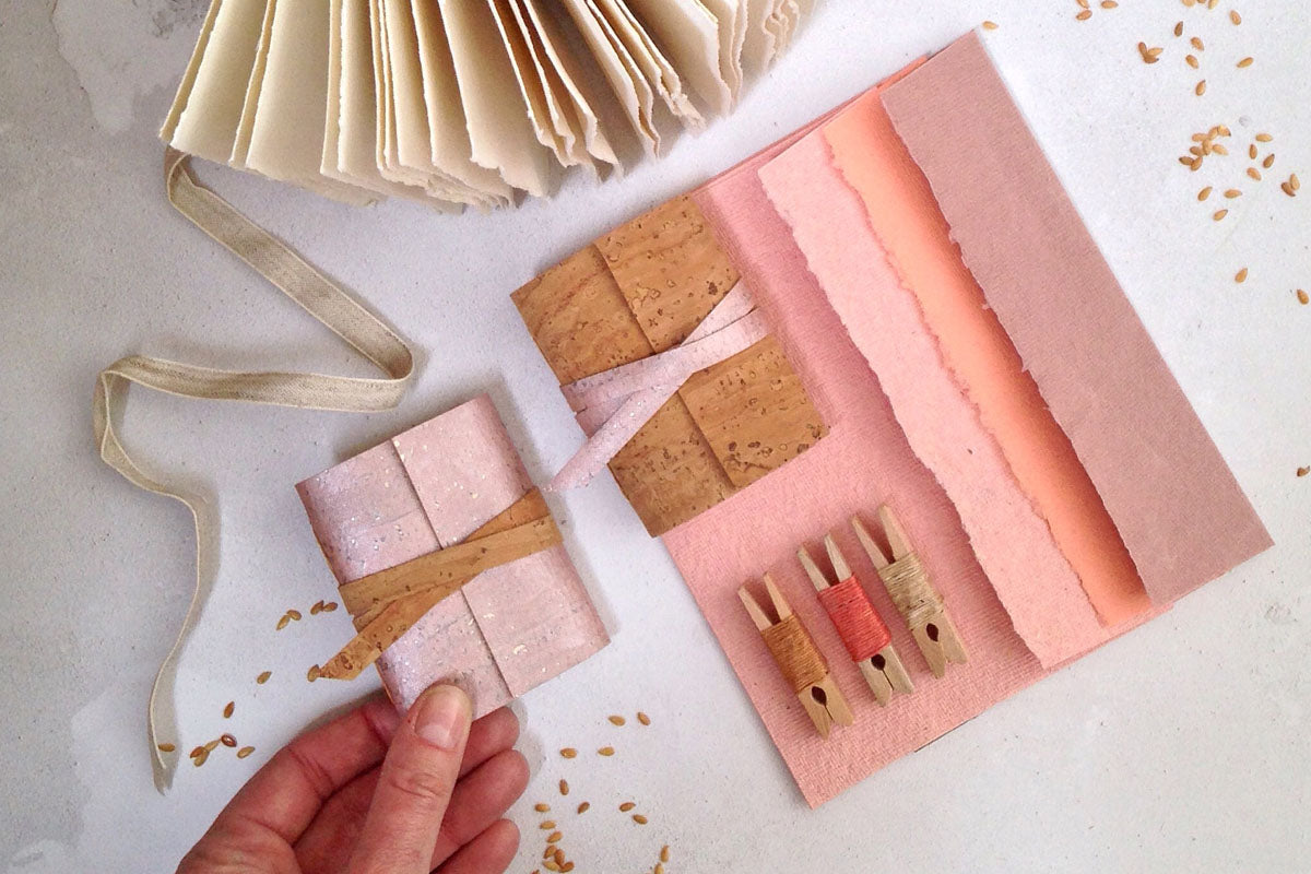 Vegan Miniature Journal handmade in Pink Rose Gold and Natural cork with sustainable stationery and art supplies.