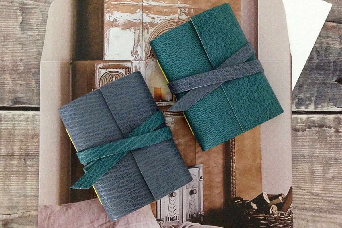 Mini Leather Journal / Notebook in teal and grey, handmade in the UK