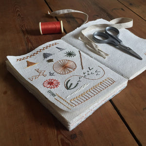 Small Cotton Rag Sketchbook used for stitching, embroidery practice.